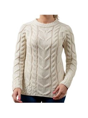 Aran 100% Merino Wool Made In Ireland Ecru CableKnit Sweater Size XS